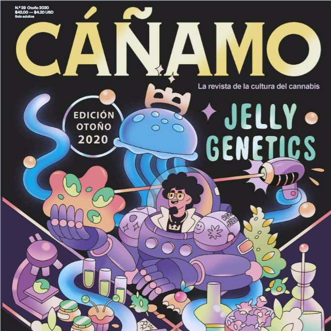Portada de la revista CÁÑAMO, edición otoño 2020, dedicada a Jelly Genetics: ilustración de un personaje en traje espacial rodeado de plantas, medusas y una corona