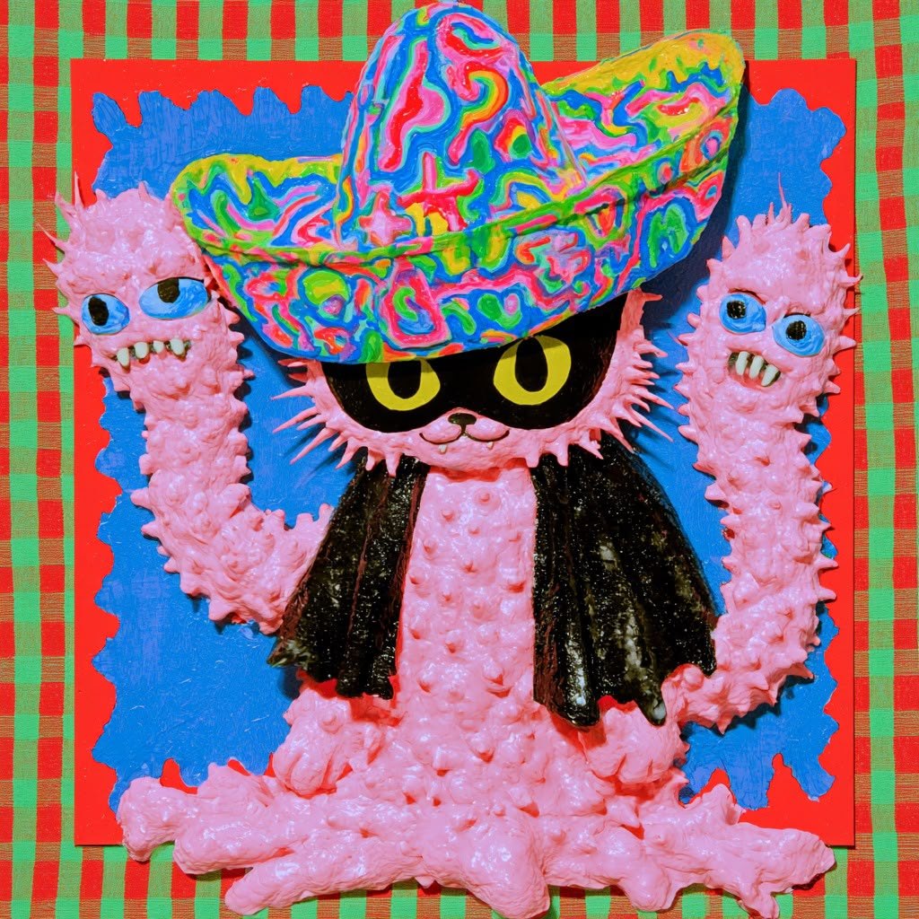 Escultura de un gato negro con antifaz y sombrero de charro multicolor, cuerpo rosa con tentáculos y dos criaturas rosas a los lados, sobre fondo azul y mantel de cuadros