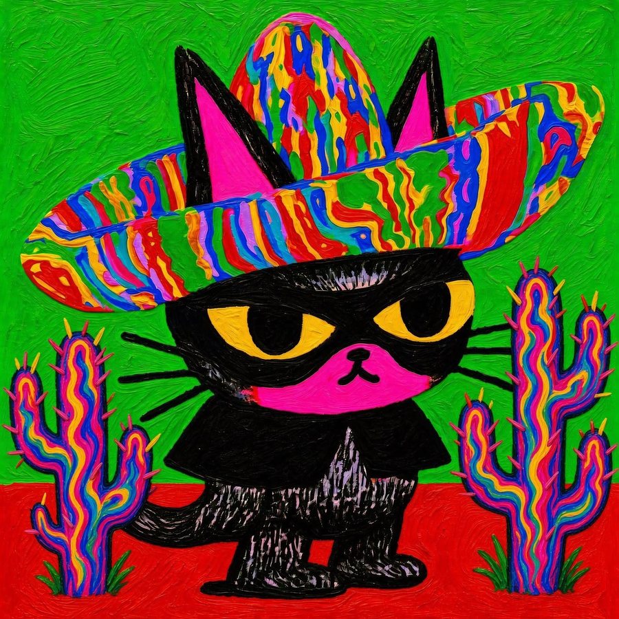 Arte de Changoleón: un gato negro con sombrero de charro entre cactus de colores